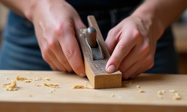 Person bearbeitet Holz mit Handhobel